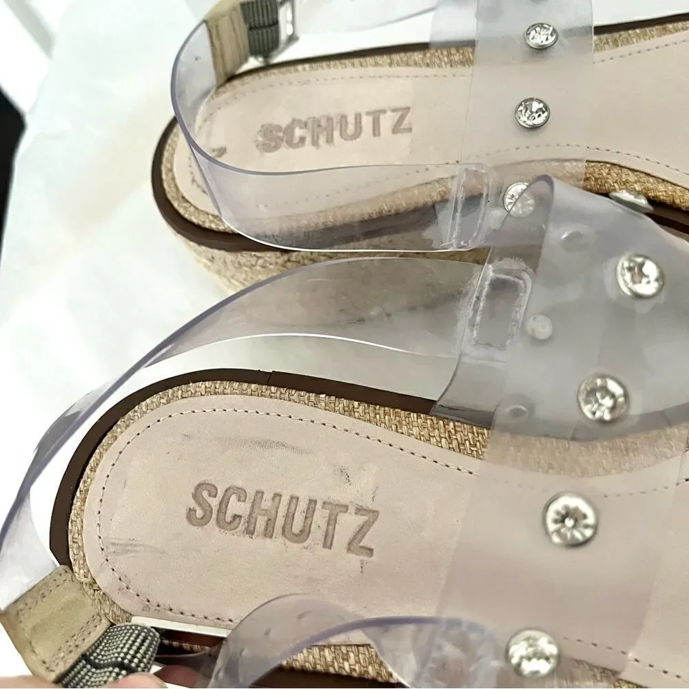 SCHUTZ Cristiane Platform EspadrillesTransparent Rhinestone Straps 9.5 NWOB